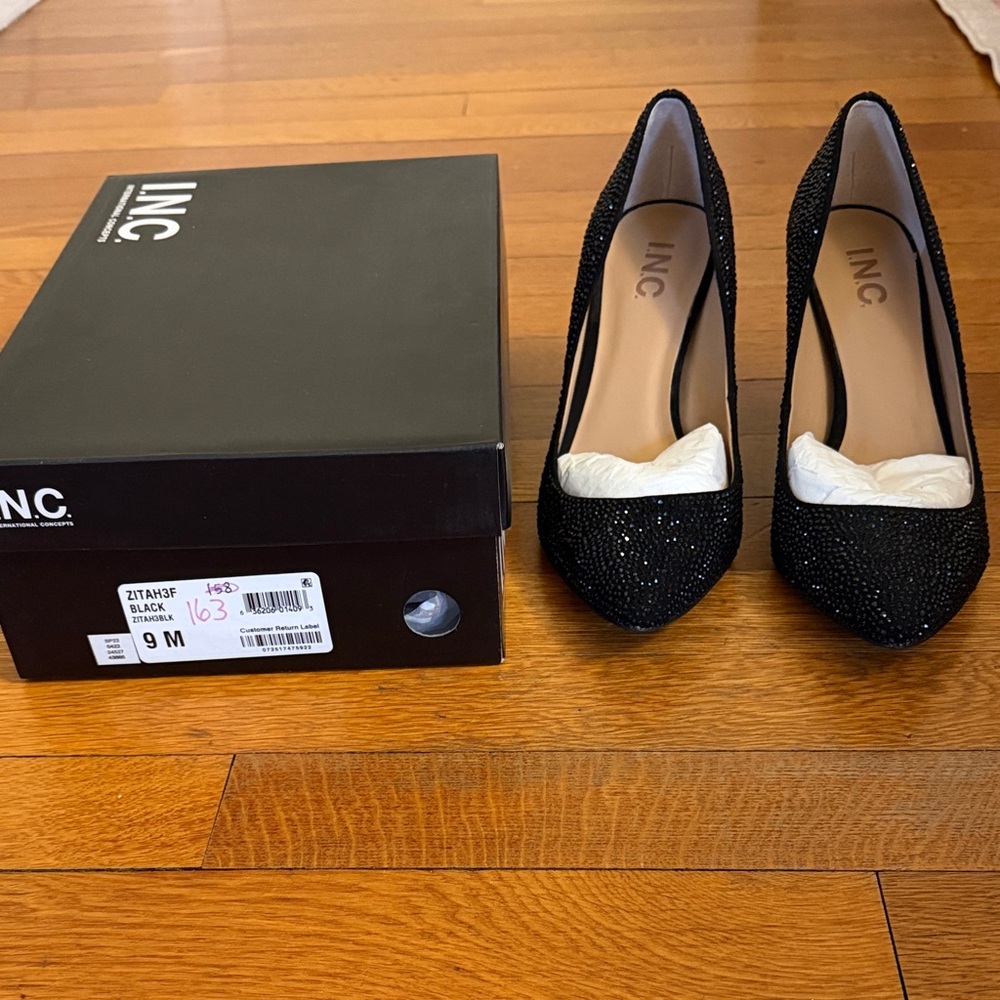 INC International Concepts Black Crystal-Embellished Pointed Toe Pumps